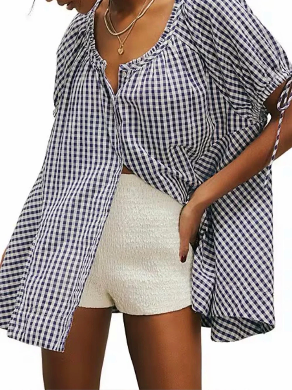 Farley Gingham Split V-Neck Short Sleeve Tunic - S